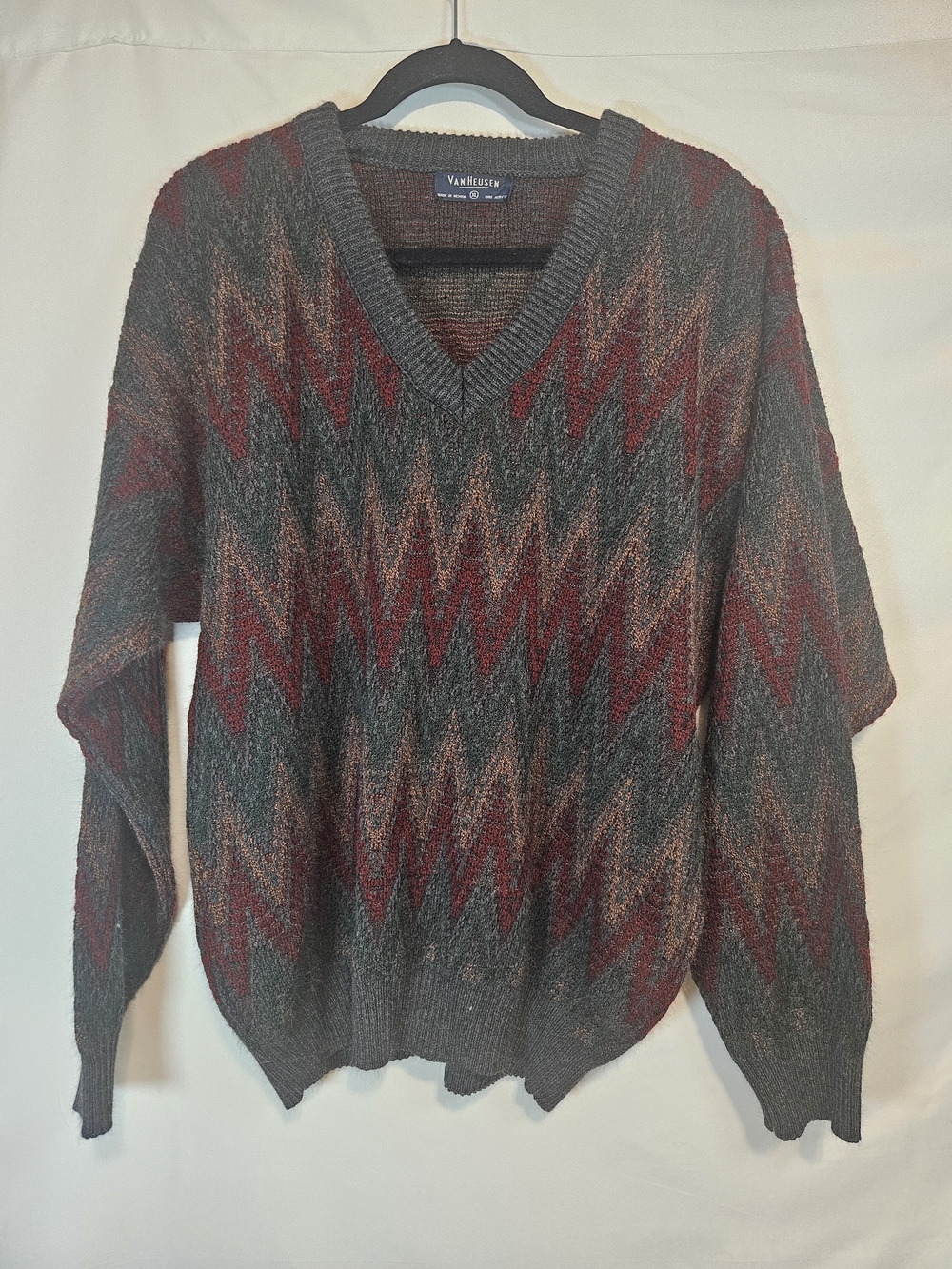 Van Heusen V-Neck Zigzag Knit Sweater in Gray and Burgundy